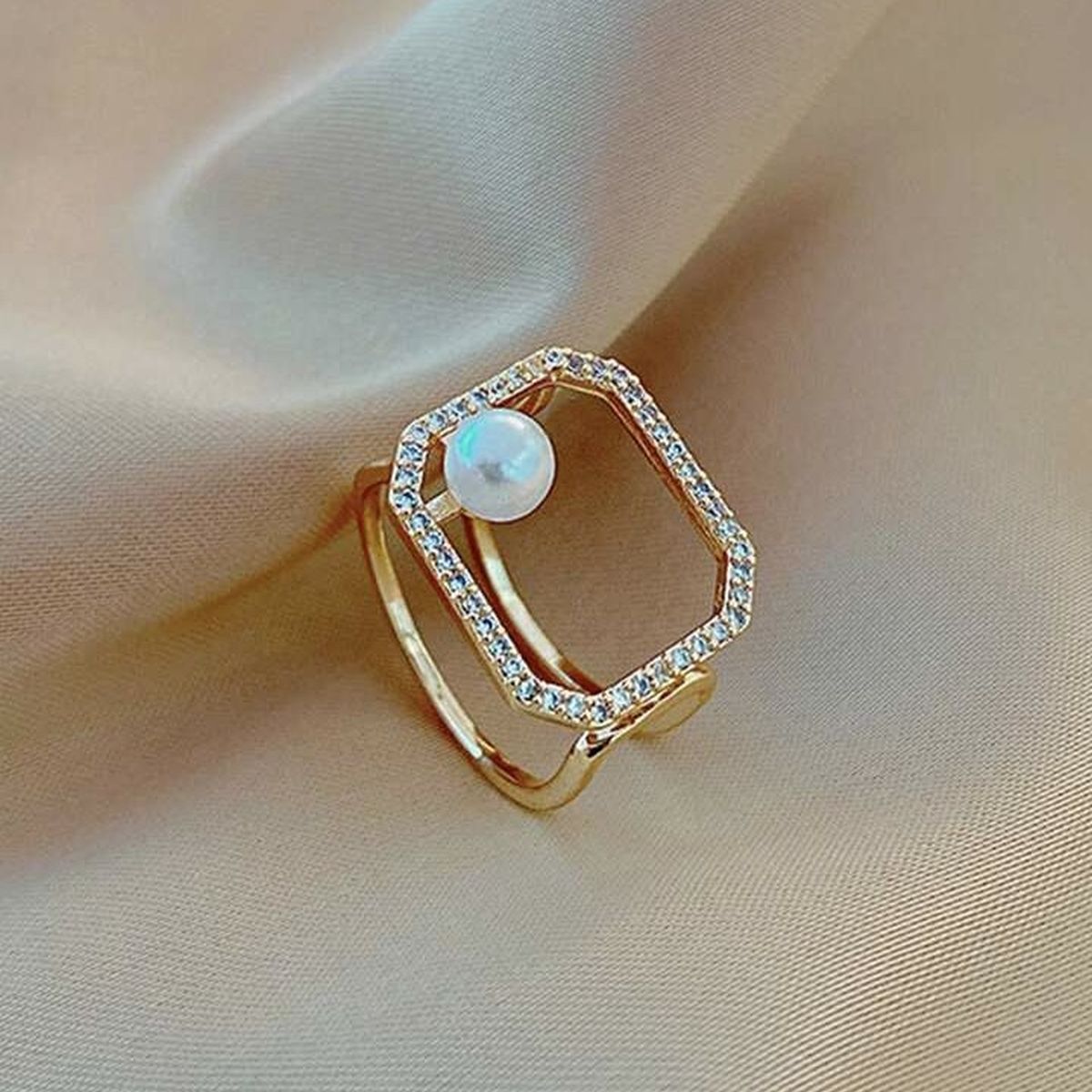 Octagon 18K Gold CZ Pearl Anti Tarnish Adjustable Ring Bulk Main image