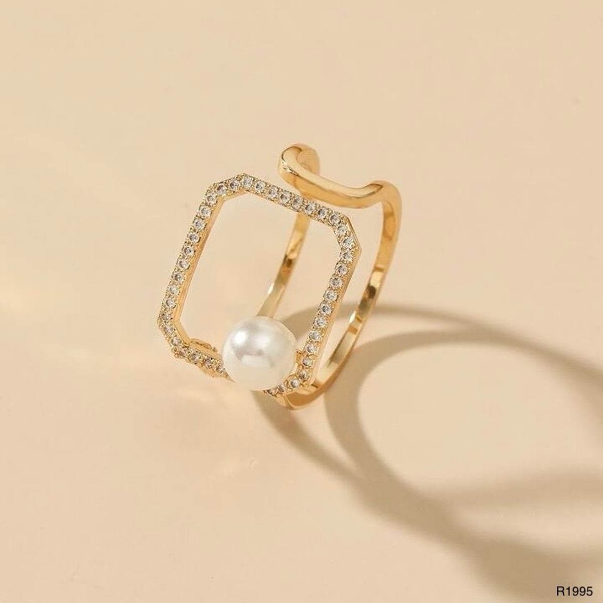 Octagon 18K Gold CZ Pearl Anti Tarnish Adjustable Ring Bulk Secondary image