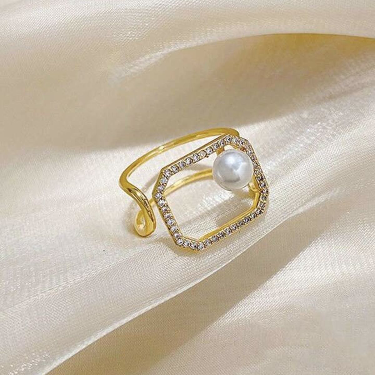 Octagon 18K Gold CZ Pearl Anti Tarnish Adjustable Ring Bulk