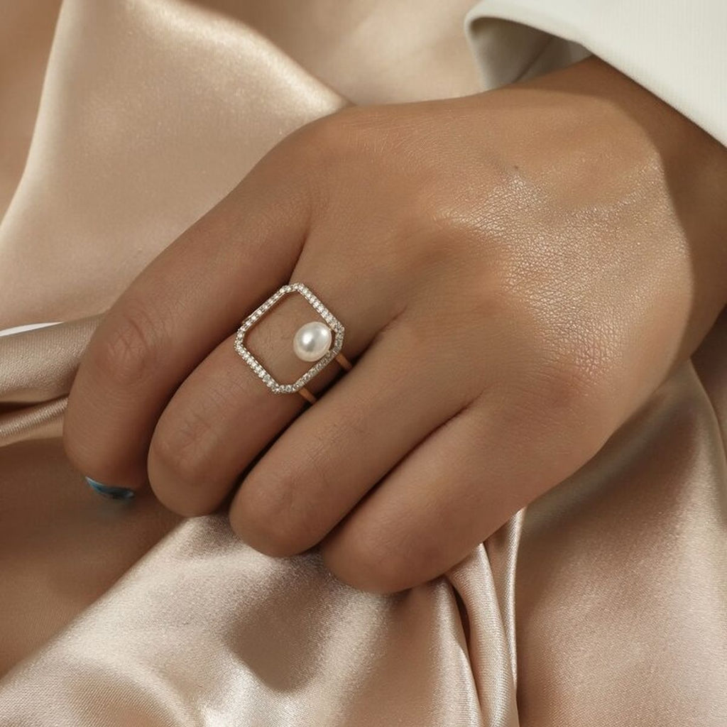 Octagon 18K Gold CZ Pearl Anti Tarnish Adjustable Ring Bulk
