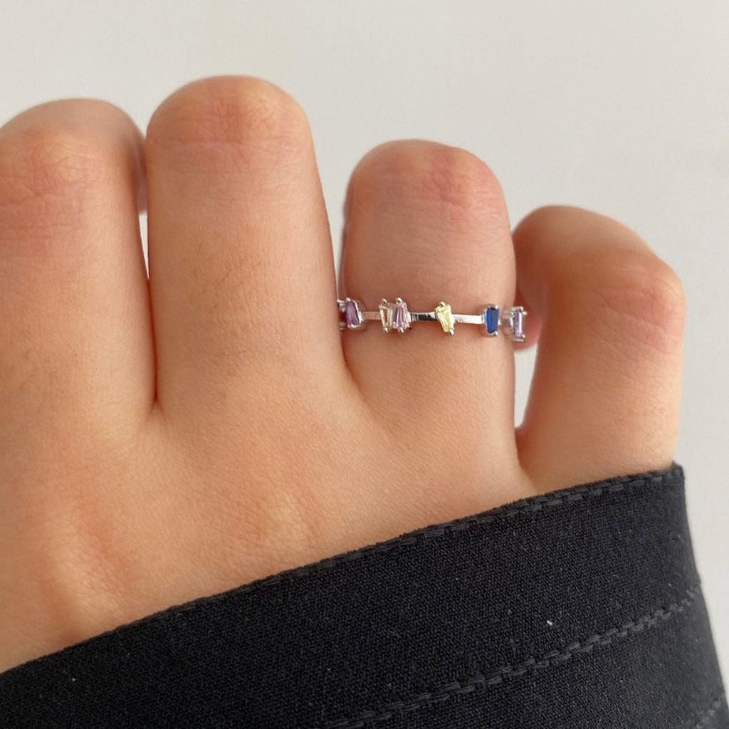 Rainbow Baguette CZ Crystal Multi Silver Anti Tarnish Ring Bulk