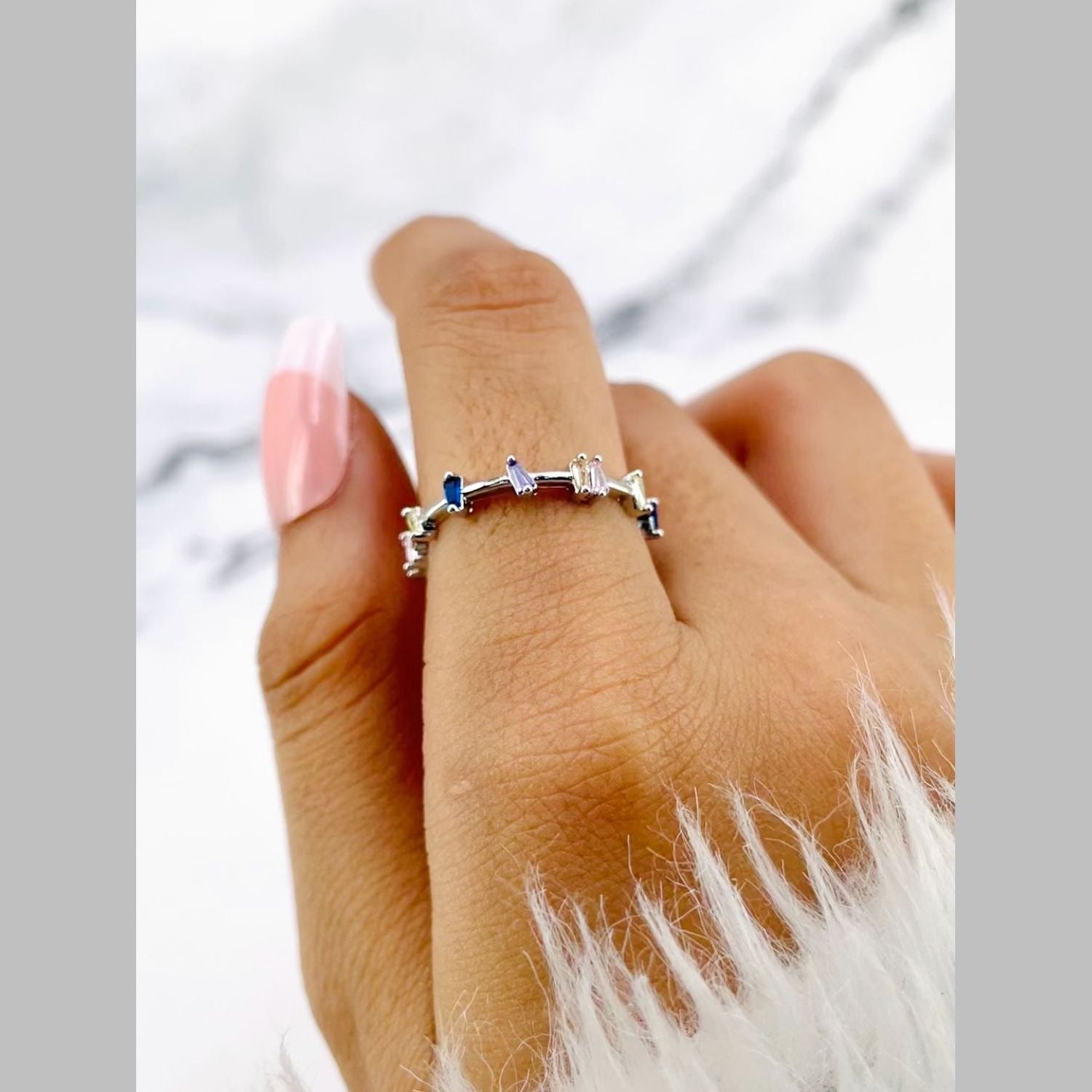 Rainbow Baguette CZ Crystal Multi Silver Anti Tarnish Ring Bulk