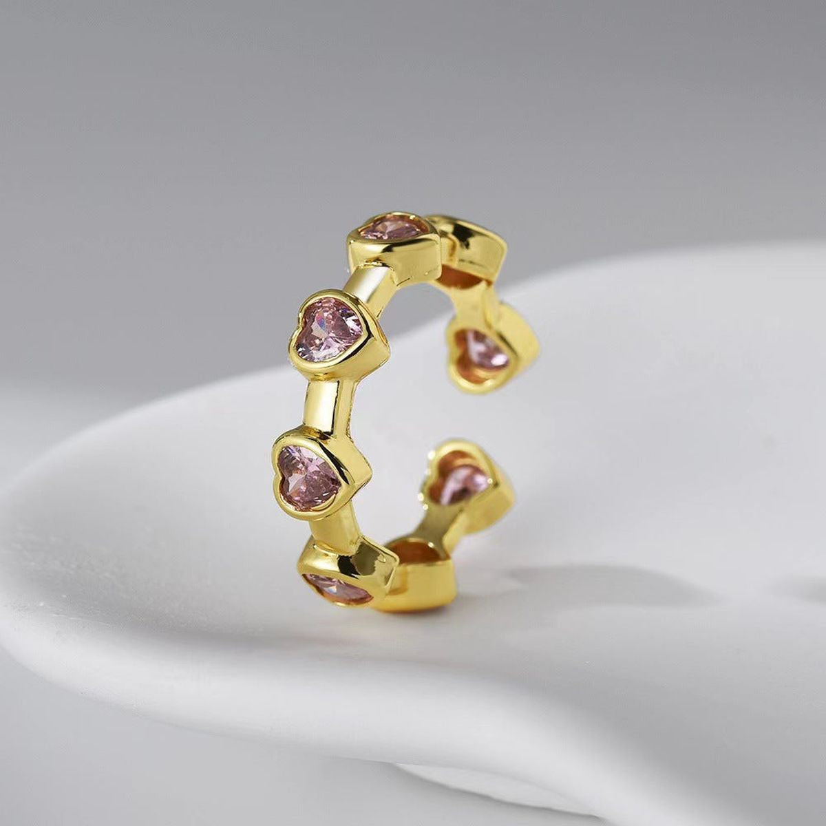Heart Crystal Pink 18K Gold Anti Tarnish Free Size Ring For Women