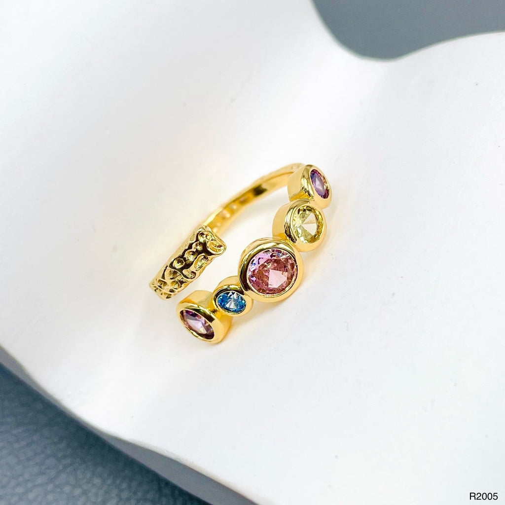 Rainbow Solitaires Multi Gold Crystal Anti Tarnish Free Size Ring Bulk