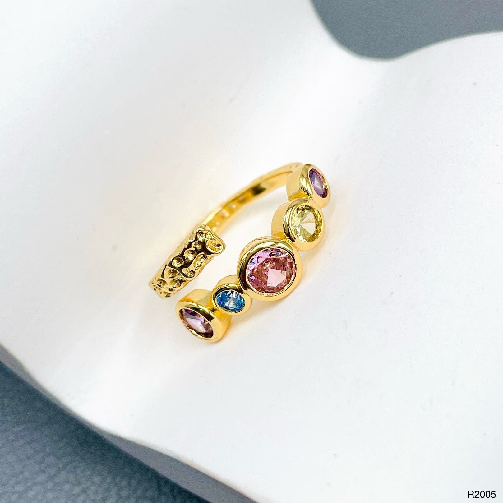 Rainbow Solitaires Multi Gold Crystal Anti Tarnish Free Size Ring Bulk