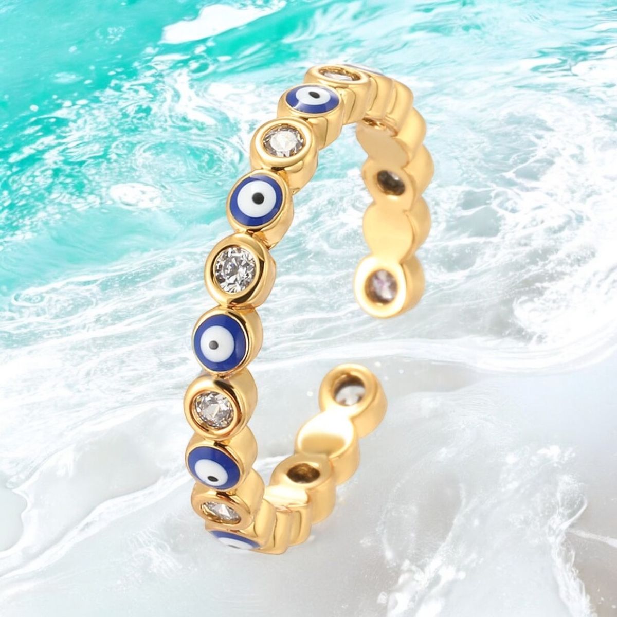 Eye Lash 18K Gold CZ Enamel Anti Tarnish Free Size Band Ring Bulk