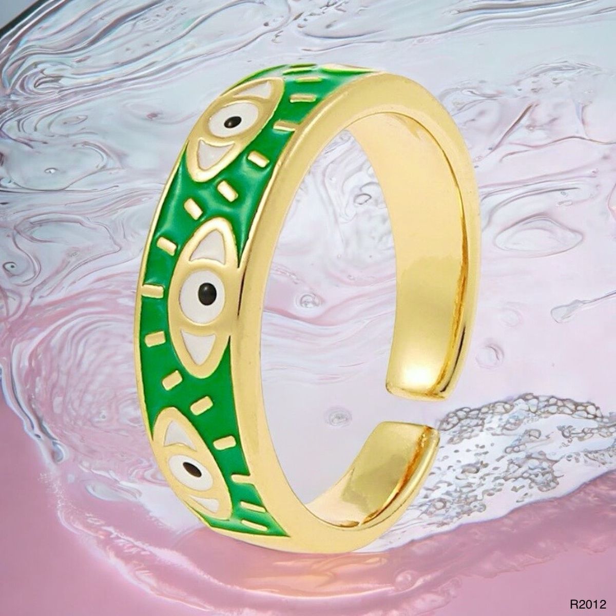 Eye Lash Evil Eye Green Gold Enamel Anti Tarnish Band Ring Bulk Main image