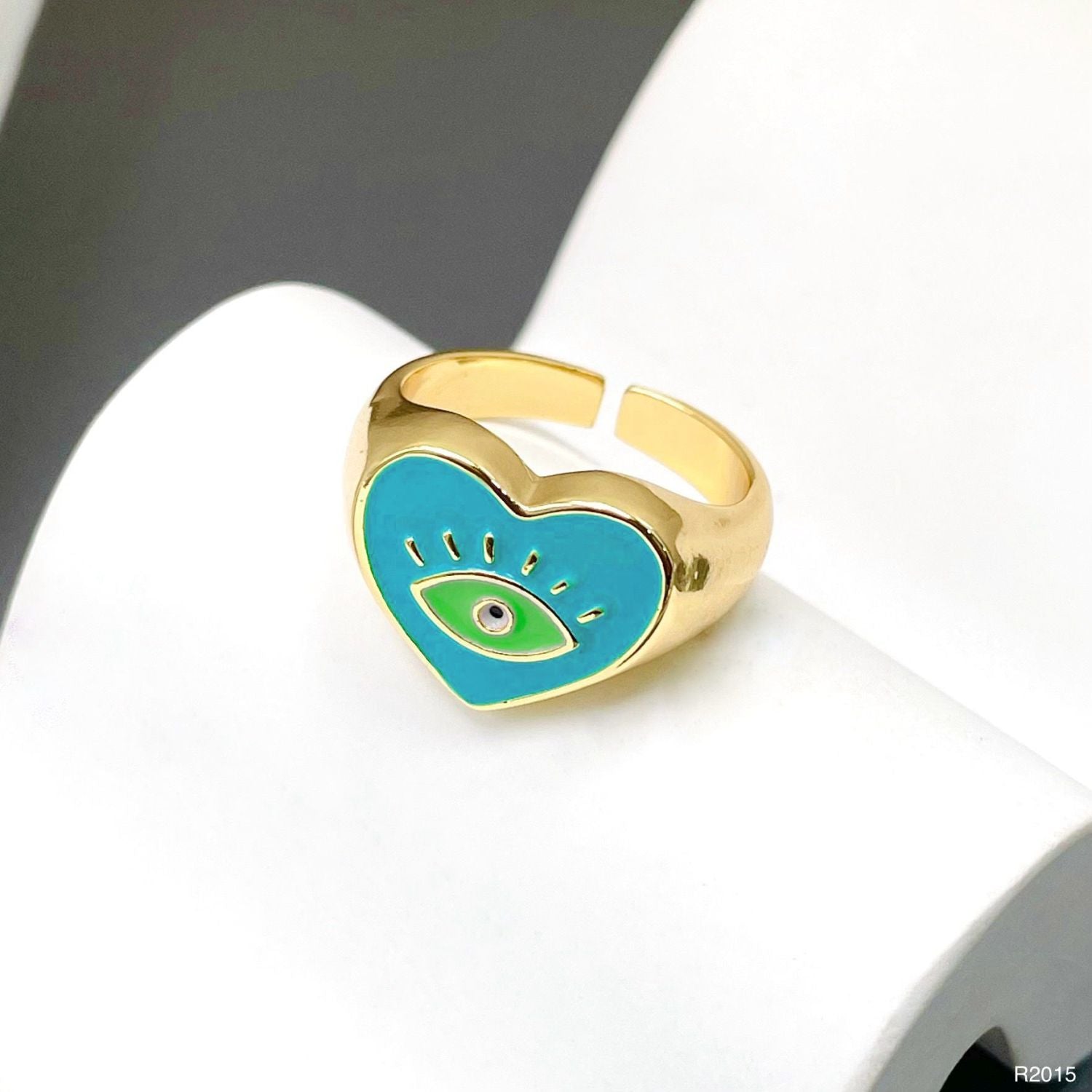 Heart Evil Eye Blue 18K Gold Enamel Anti Tarnish Adjustable Ring Bulk
