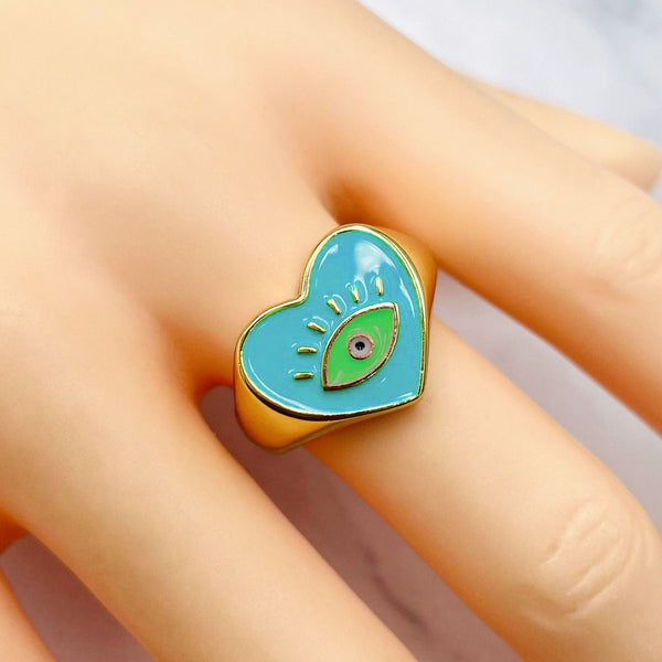Heart Evil Eye Blue 18K Gold Enamel Anti Tarnish Adjustable Ring Bulk Secondary image