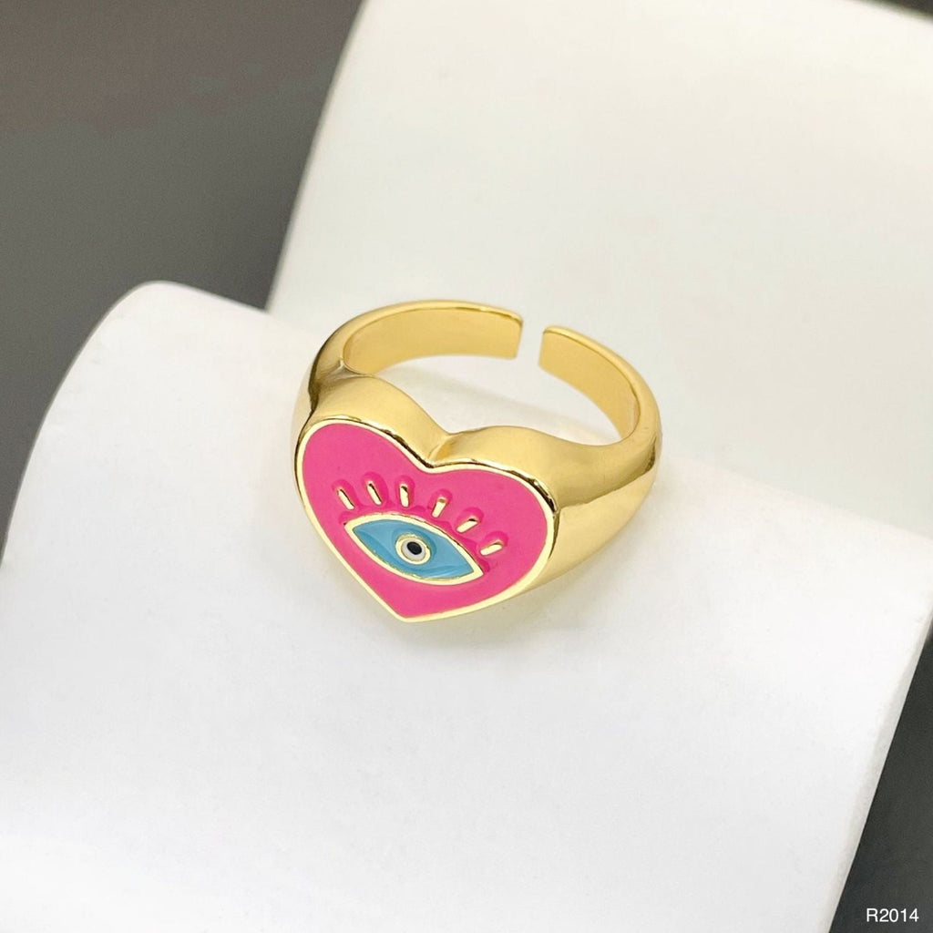 Heart Evil Eye Blue 18K Gold Enamel Anti Tarnish Adjustable Ring Bulk