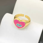 Heart Evil Eye Blue 18K Gold Enamel Anti Tarnish Adjustable Ring Bulk