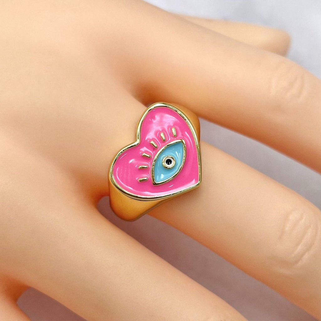 Heart Evil Eye Blue 18K Gold Enamel Anti Tarnish Adjustable Ring Bulk