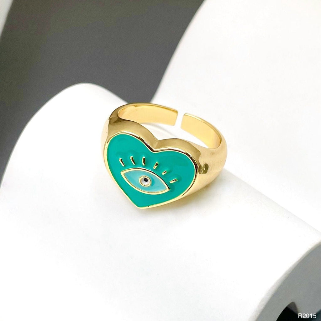 Heart Evil Eye Blue 18K Gold Enamel Anti Tarnish Adjustable Ring Bulk