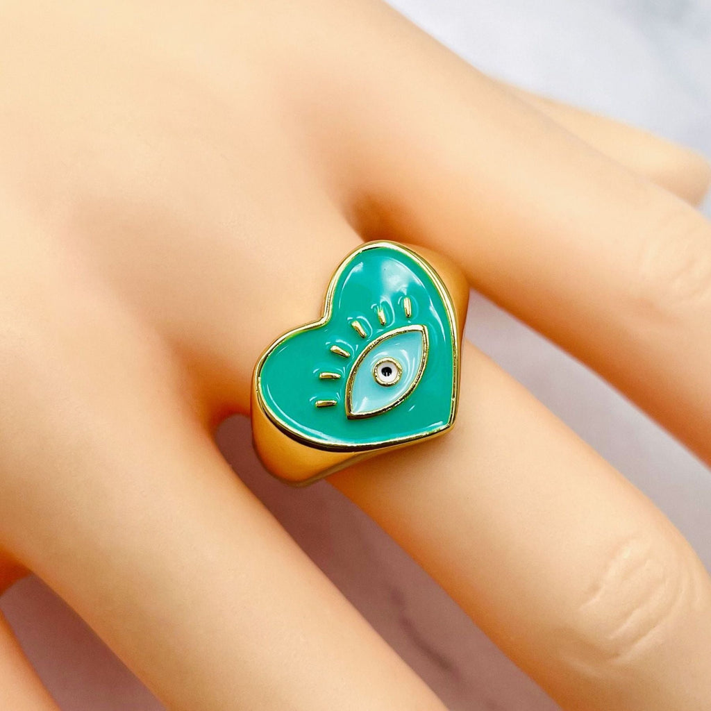 Heart Evil Eye Blue 18K Gold Enamel Anti Tarnish Adjustable Ring Bulk