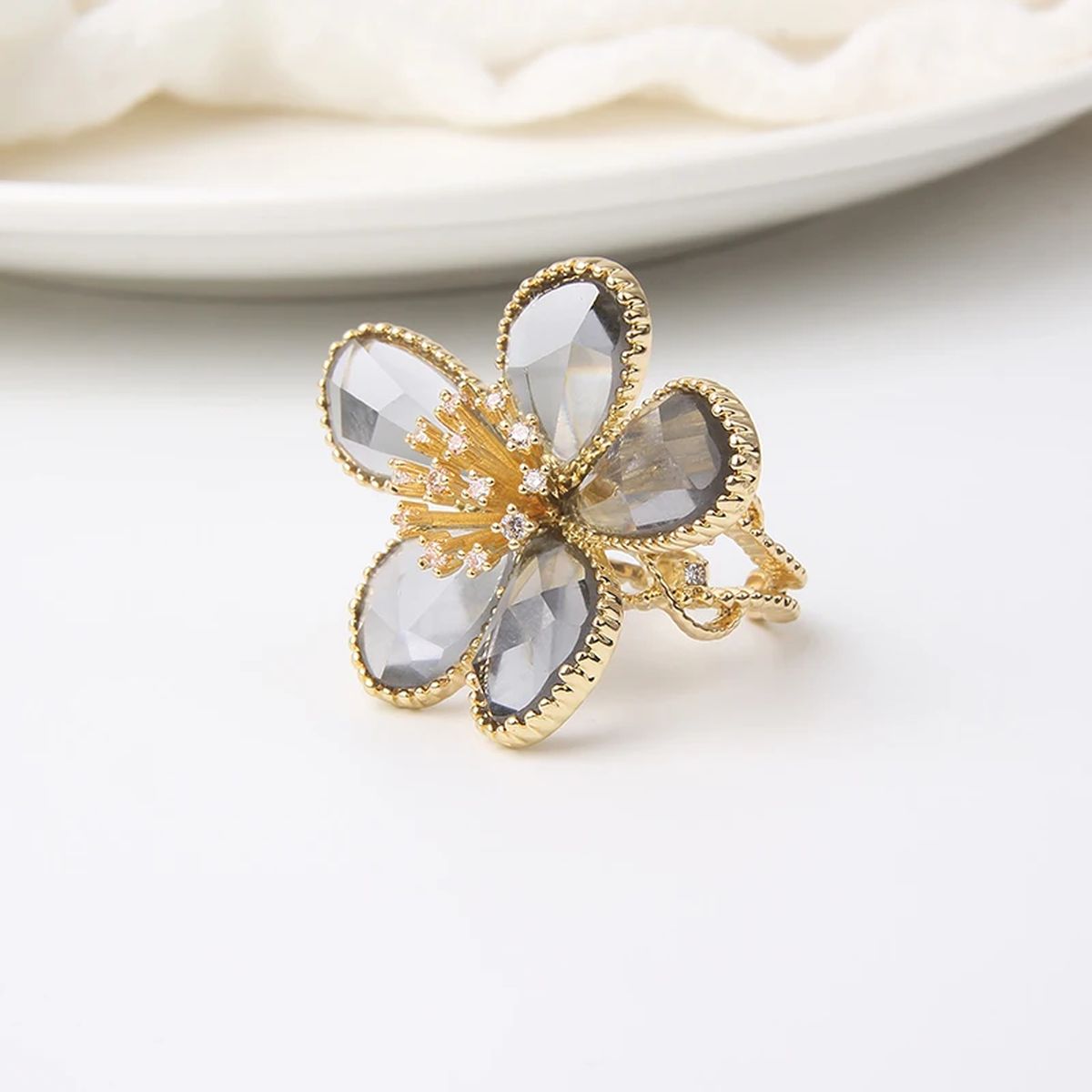 Flower CZ Crystal Black 18K Gold Anti Tarnish Adjustable Ring Bulk Main image