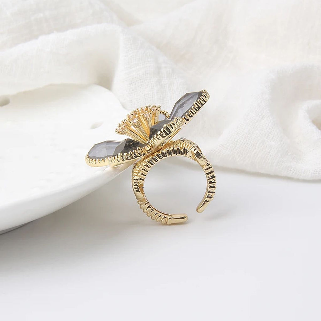 Flower CZ Crystal Black 18K Gold Anti Tarnish Adjustable Ring Bulk