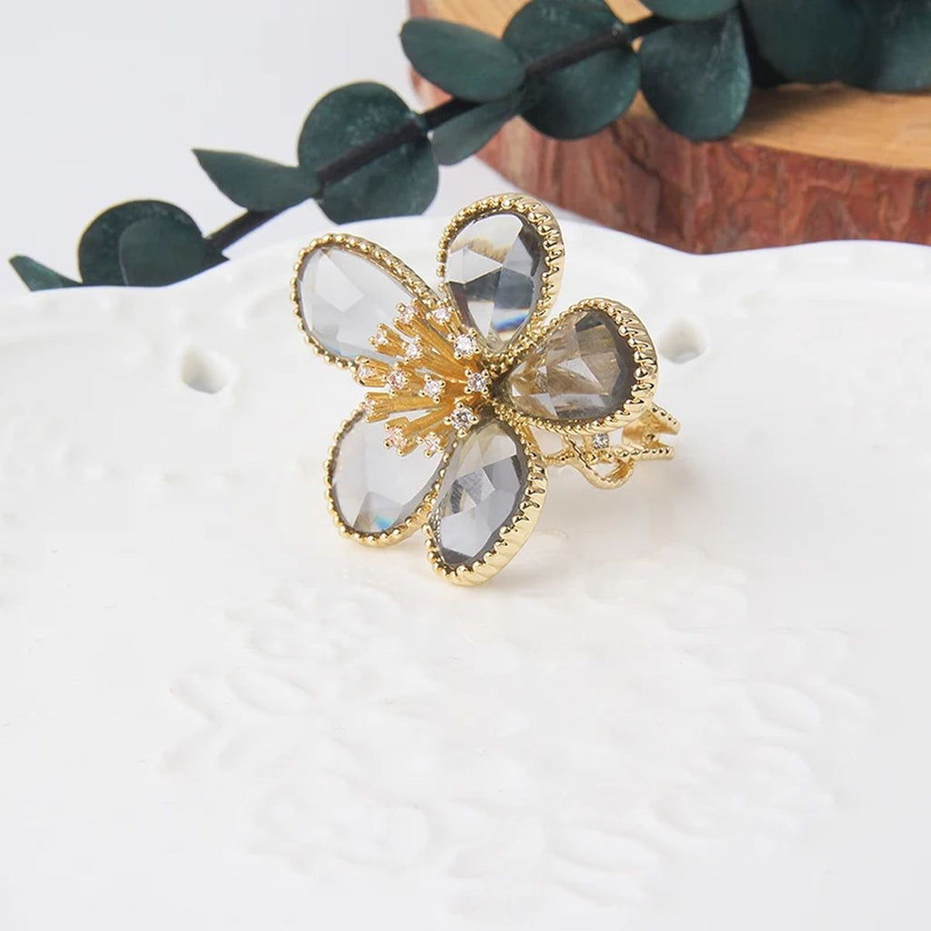 Flower CZ Crystal Black 18K Gold Anti Tarnish Adjustable Ring Bulk
