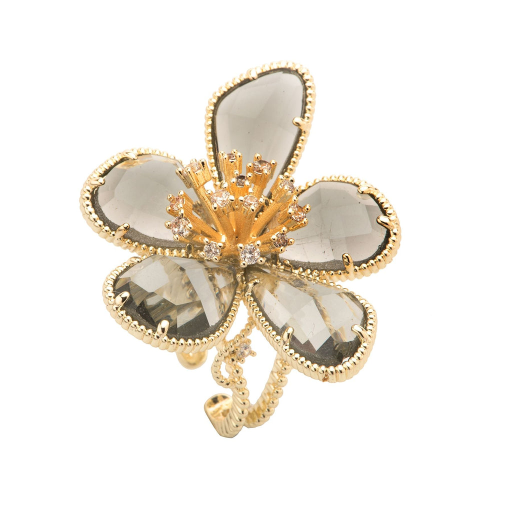 Flower CZ Crystal Black 18K Gold Anti Tarnish Adjustable Ring Bulk