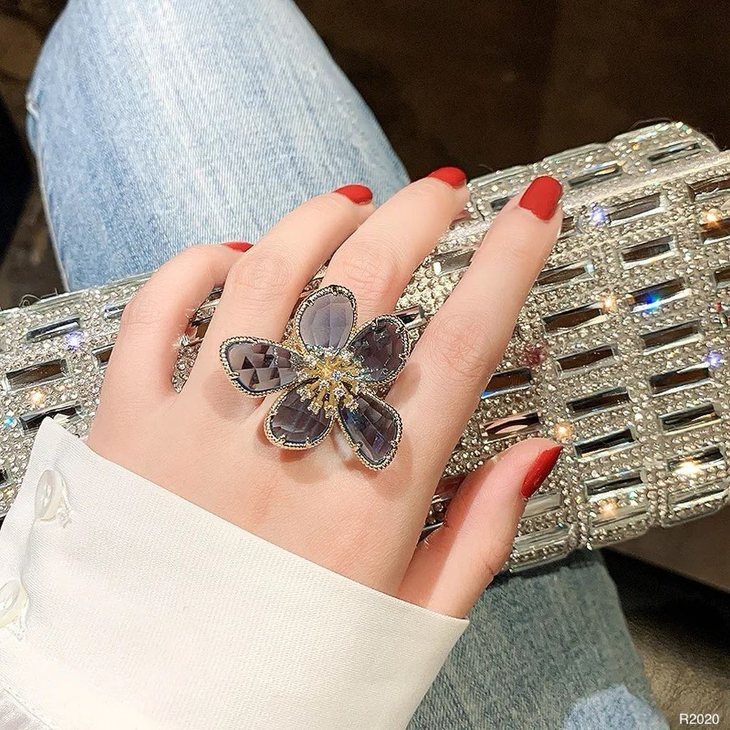 Flower CZ Crystal Black 18K Gold Anti Tarnish Adjustable Ring Bulk