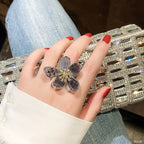 Flower CZ Crystal Black 18K Gold Anti Tarnish Adjustable Ring Bulk