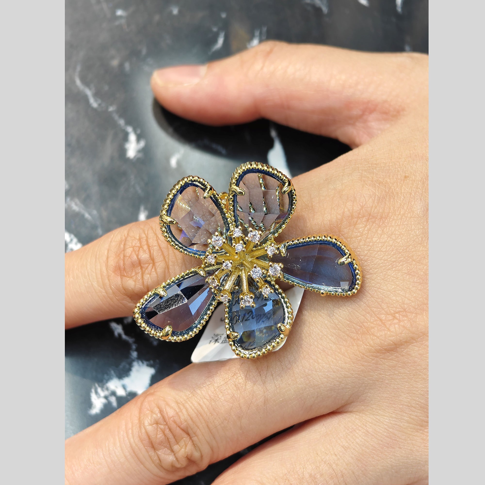 Flower CZ Blue 18K Gold Anti Tarnish Big Free Size Ring Bulk