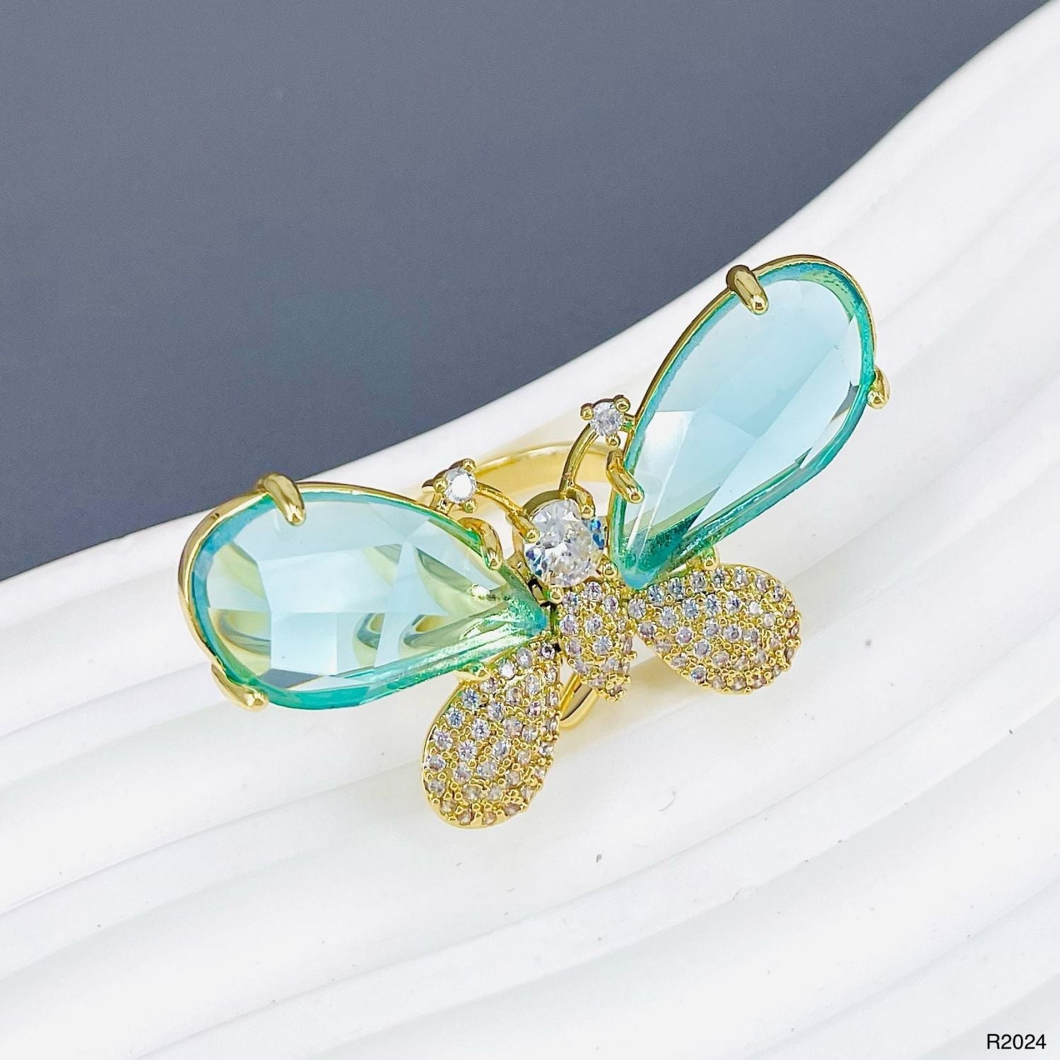 Butterfly CZ Crystal Green 18K Gold Anti Tarnish Adjustable Ring Bulk