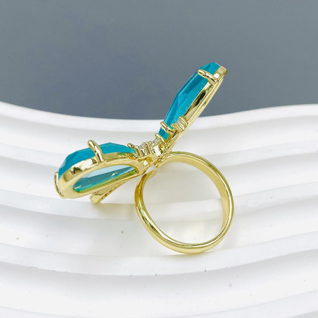 Butterfly CZ Crystal Green 18K Gold Anti Tarnish Adjustable Ring Bulk
