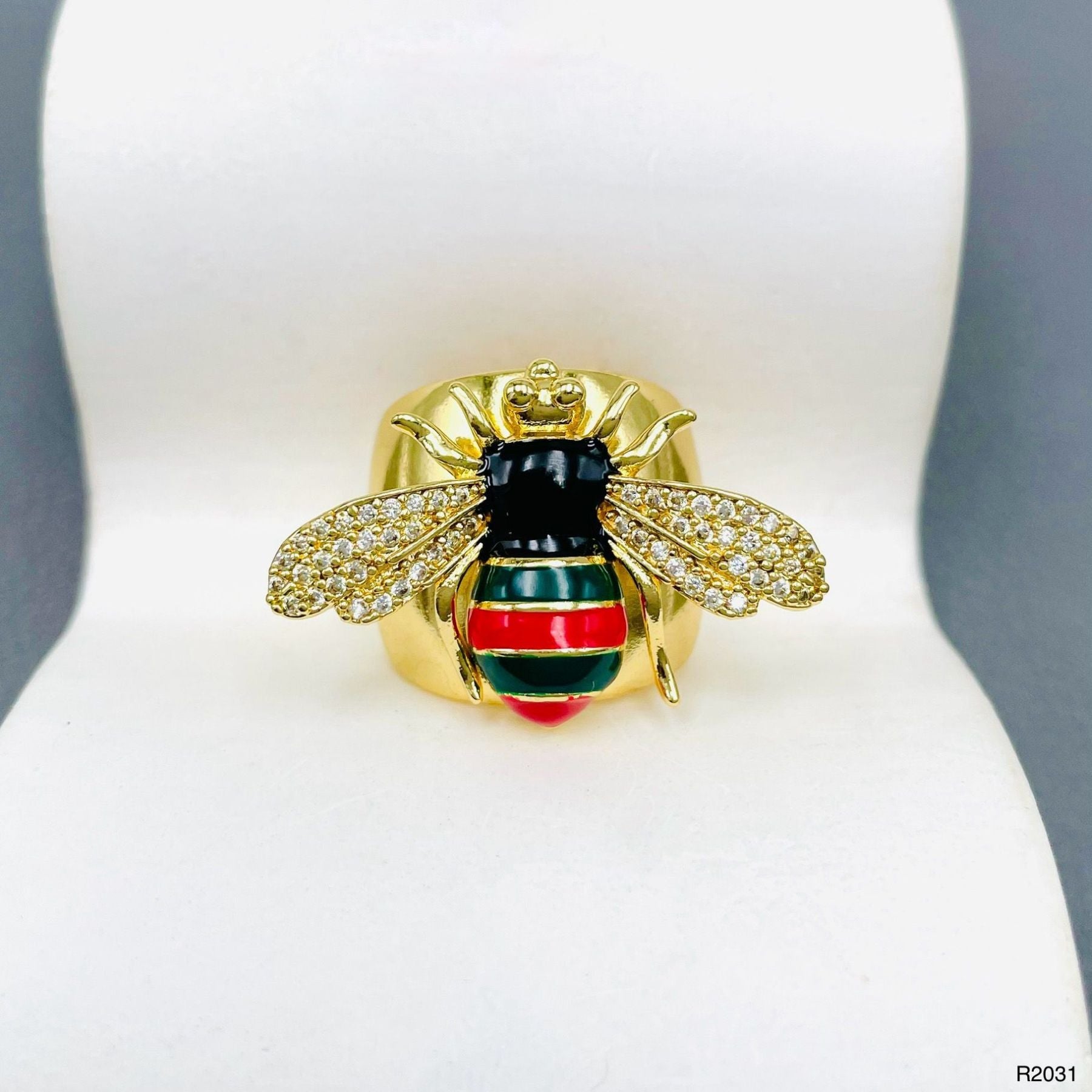 Honey Bee CZ Enamel Black 18K Gold Anti Tarnish Adjustable Ring Bulk Main image