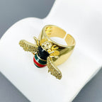Honey Bee CZ Enamel Black 18K Gold Anti Tarnish Adjustable Ring Bulk