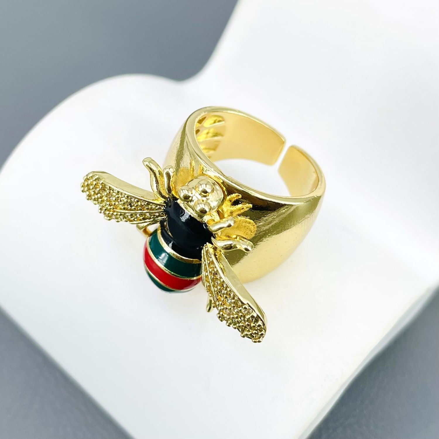 Honey Bee CZ Enamel Black 18K Gold Anti Tarnish Adjustable Ring Bulk