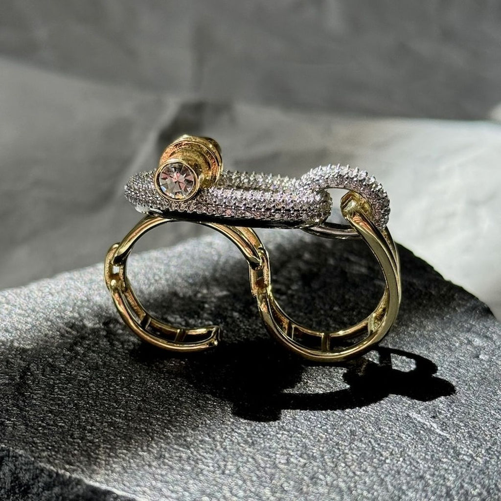 Curb Lock CZ Gold Silver Anti Tarnish Dual Finger Adjustable Ring Bulk