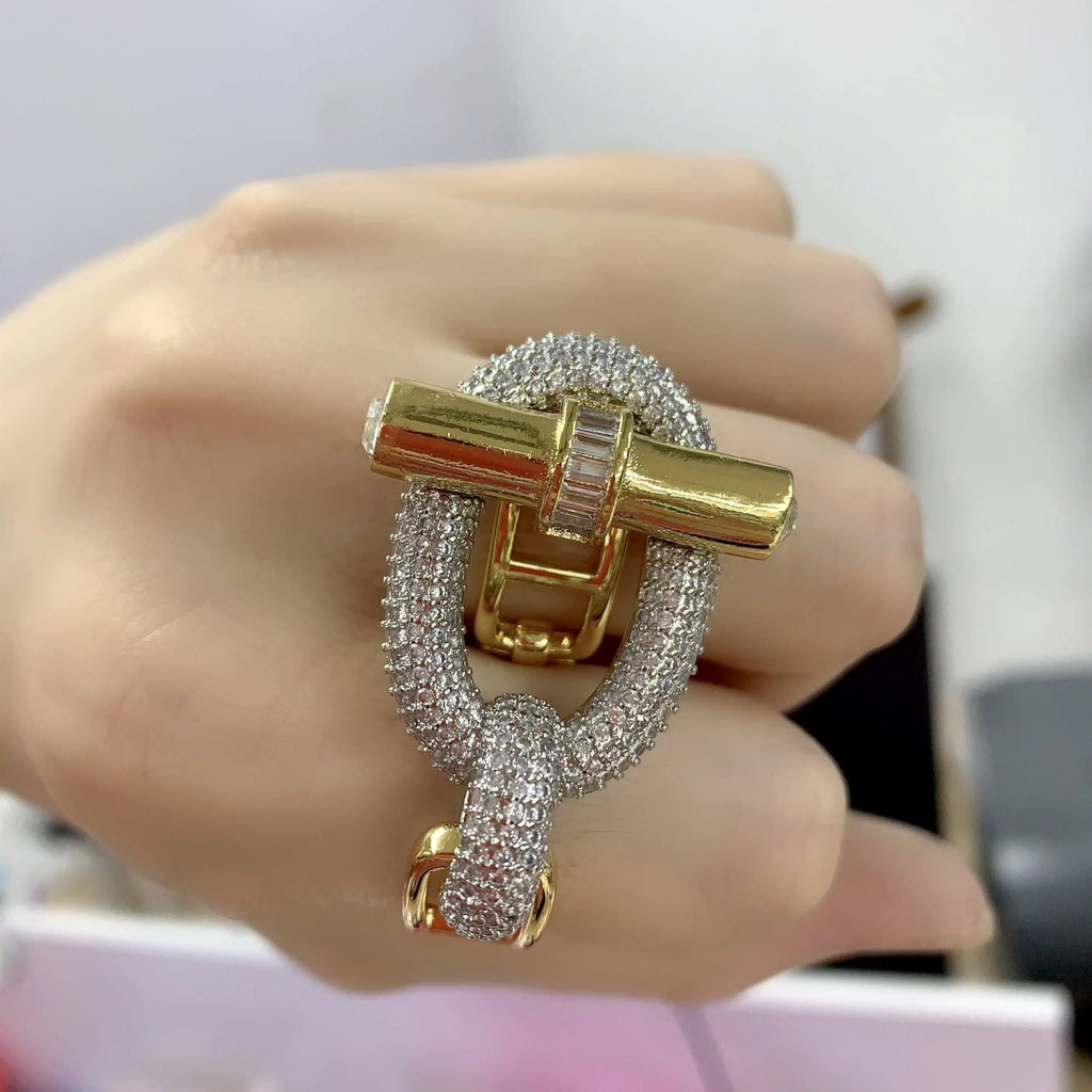 Curb Lock CZ Gold Silver Anti Tarnish Dual Finger Adjustable Ring Bulk