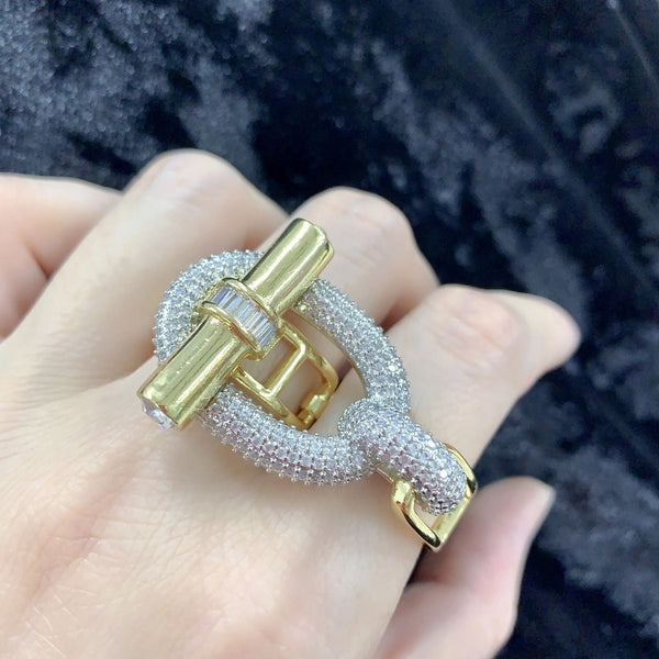 Curb Lock CZ Gold Silver Anti Tarnish Dual Finger Adjustable Ring Bulk Main image