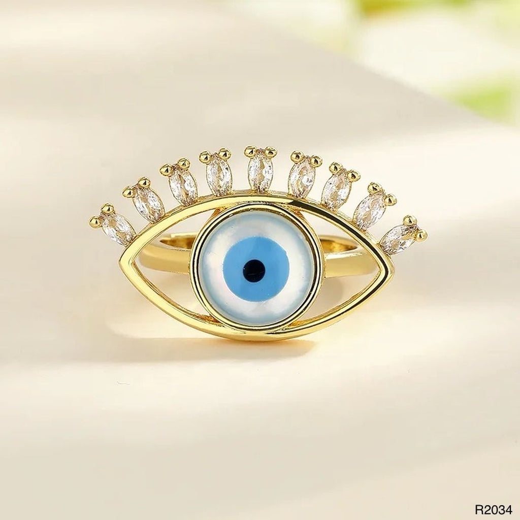 Eyelash Evil Eye CZ Blue 18K Gold Anti Tarnish Adjustable Ring Bulk