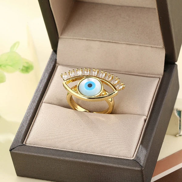 Eyelash Evil Eye CZ Blue 18K Gold Anti Tarnish Adjustable Ring Bulk Main image