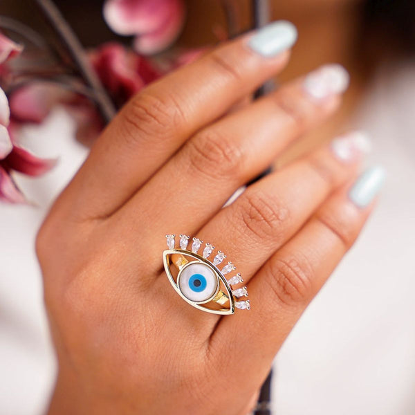 Eyelash Evil Eye CZ Blue 18K Gold Anti Tarnish Adjustable Ring Bulk Secondary image