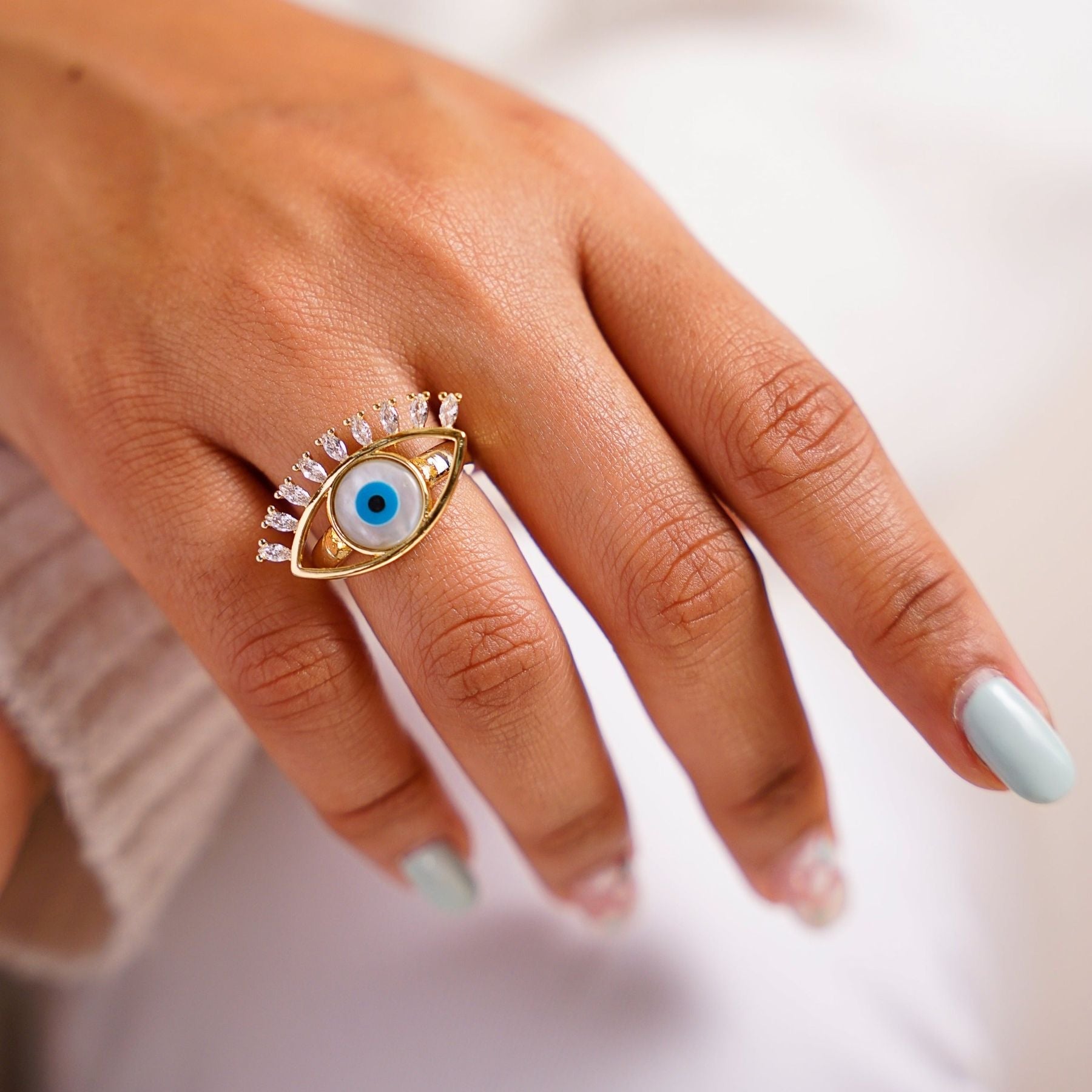 Eyelash Evil Eye CZ Blue 18K Gold Anti Tarnish Adjustable Ring Bulk