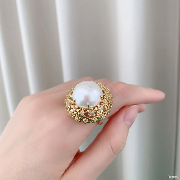 Filigree Flower CZ Pearl White Gold Anti Tarnish Adjustable Ring Bulk Main image