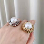 Filigree Flower CZ Pearl White Gold Anti Tarnish Adjustable Ring Bulk