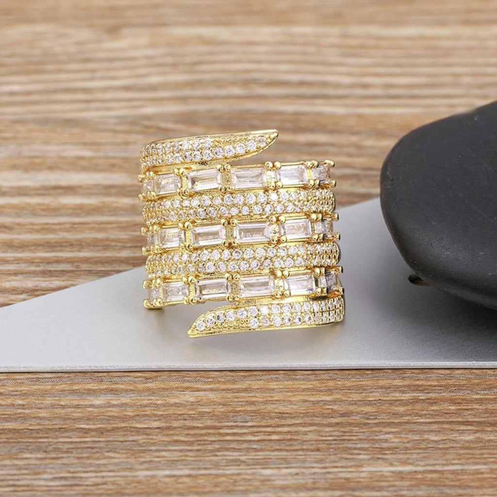 Baguette Layer Surface CZ 18K Gold Anti Tarnish Adjustable Ring Bulk