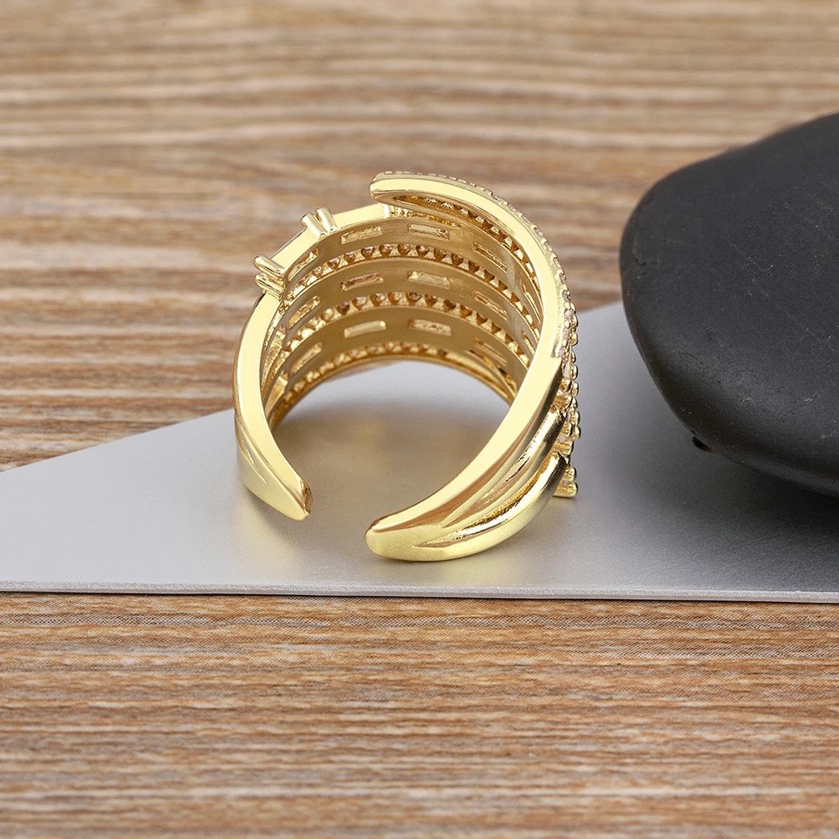 Baguette Layer Surface CZ 18K Gold Anti Tarnish Adjustable Ring Bulk
