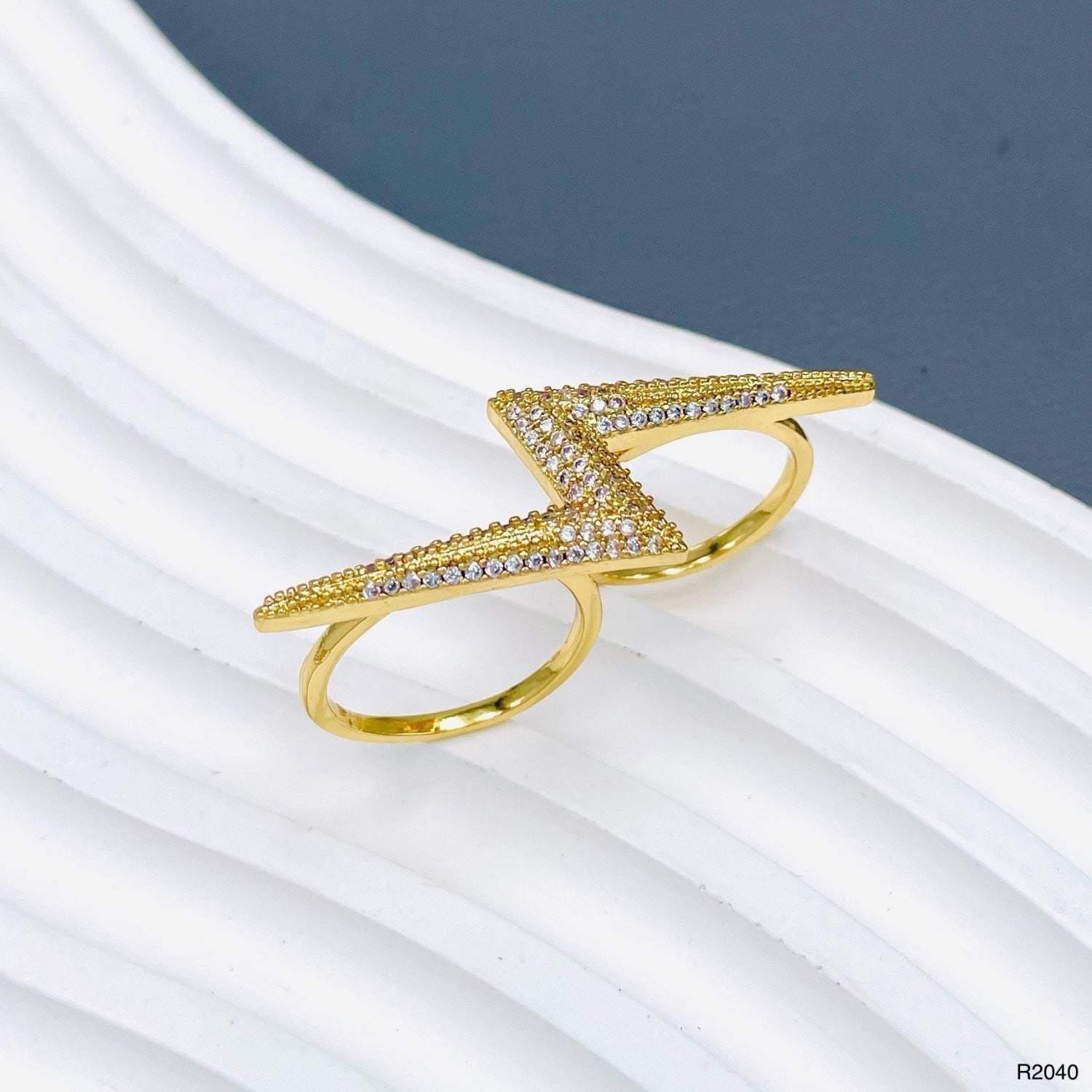 Lightning CZ 18K Gold Anti Tarnish Adjustable Dual Finger Ring Bulk Main image
