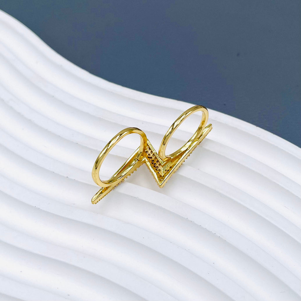 Lightning CZ 18K Gold Anti Tarnish Adjustable Dual Finger Ring Bulk