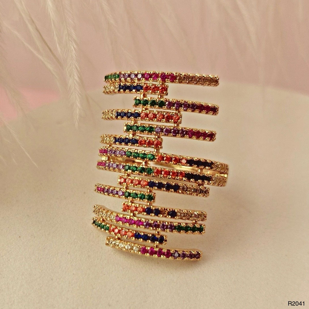 Rainbow CZ Crystal Multicolour Gold Anti Tarnish Adjustable Ring Bulk Main image