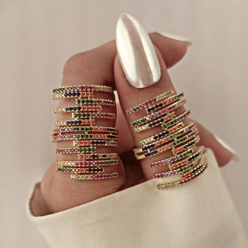 Rainbow CZ Crystal Multicolour Gold Anti Tarnish Adjustable Ring Bulk