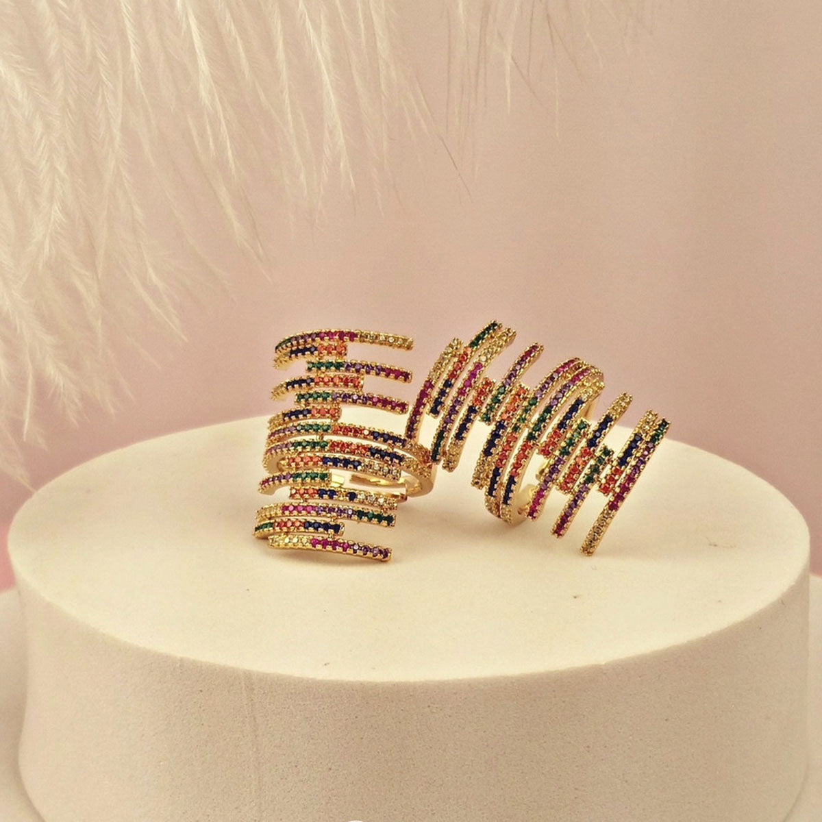 Rainbow CZ Crystal Multicolour Gold Anti Tarnish Adjustable Ring Bulk