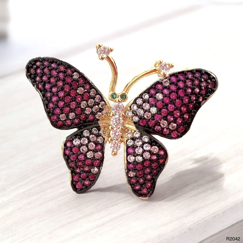 Butterfly CZ Crystal Pink 18K Gold Anti Tarnish Adjustable Ring Bulk