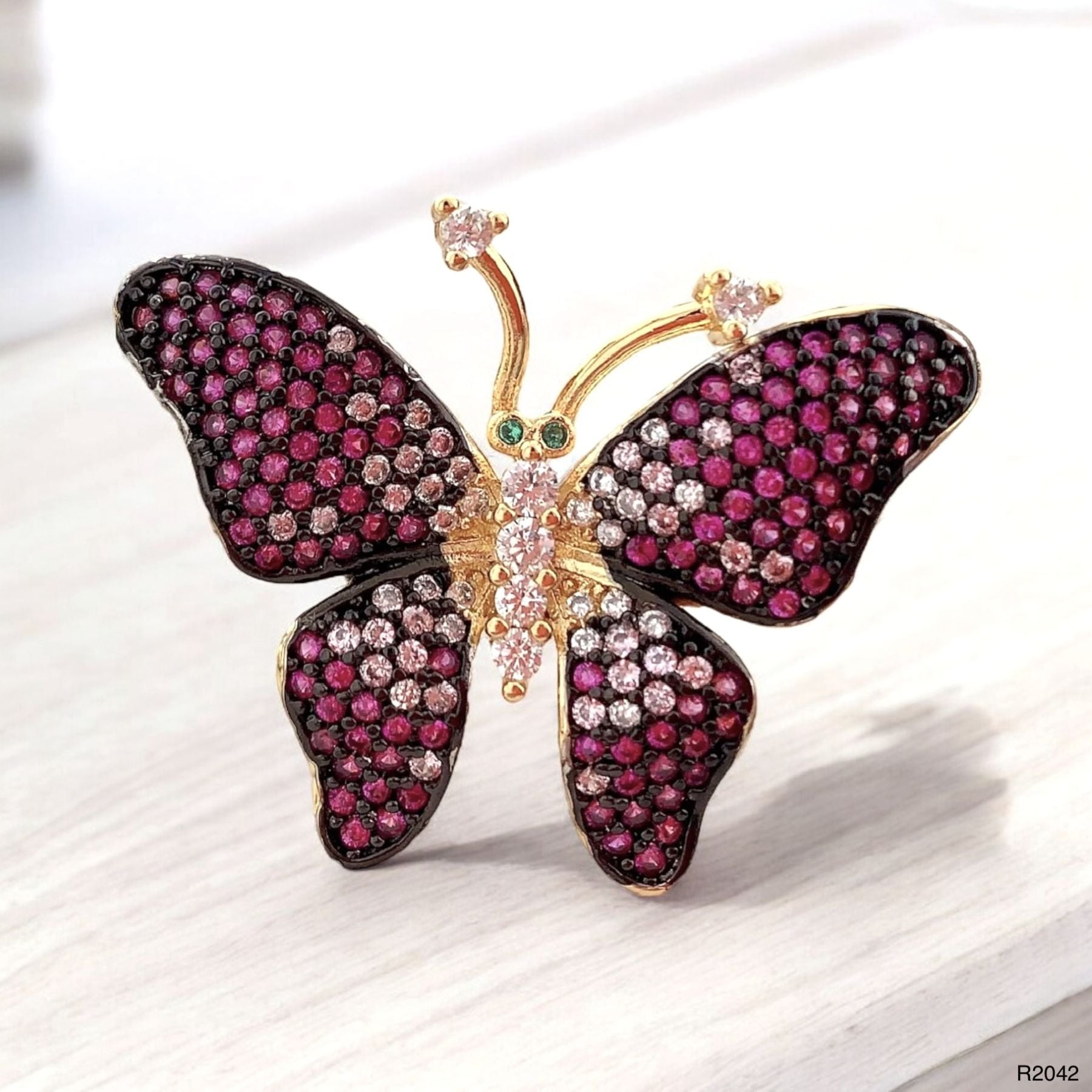 Butterfly CZ Crystal Pink 18K Gold Anti Tarnish Adjustable Ring Bulk