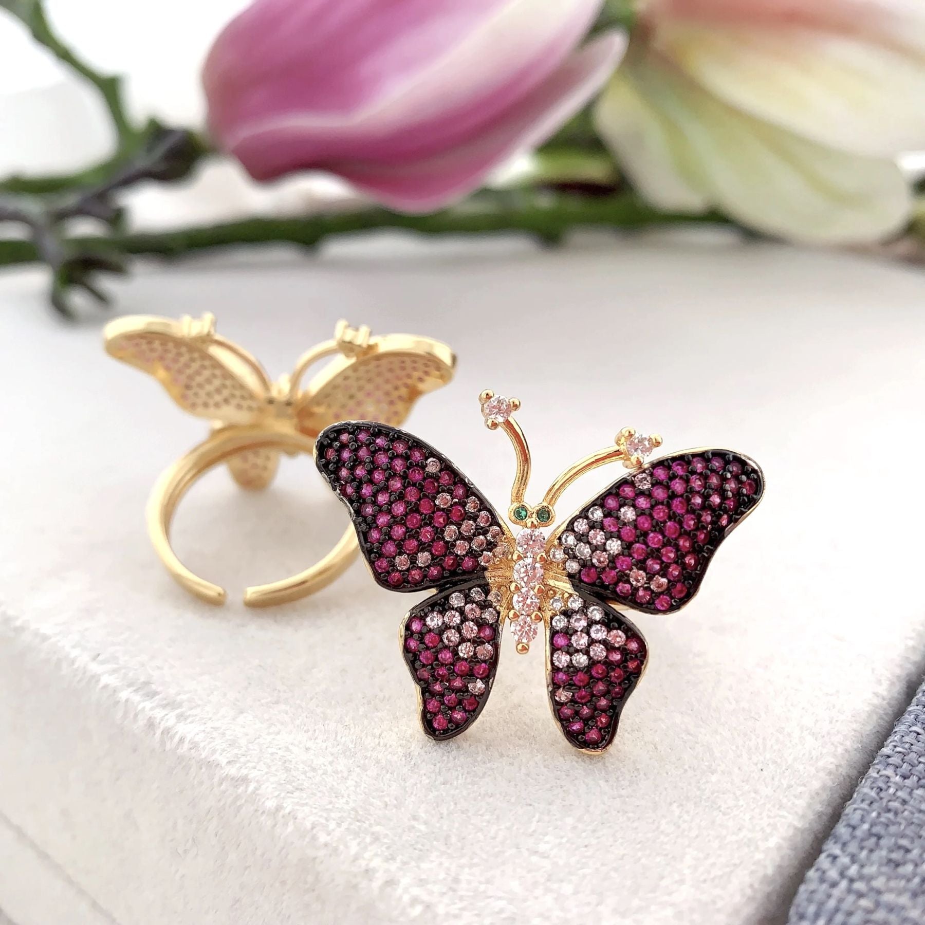 Butterfly CZ Crystal Pink 18K Gold Anti Tarnish Adjustable Ring Bulk Secondary image
