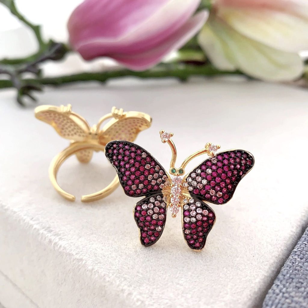 Butterfly CZ Crystal Pink 18K Gold Anti Tarnish Adjustable Ring Bulk